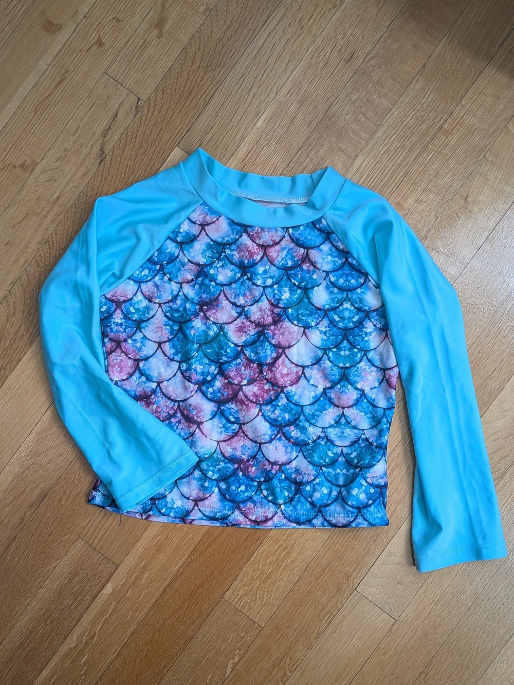 Kids Long-Sleeve Swim Top- Blue Mermaid Scale Print. Size 6